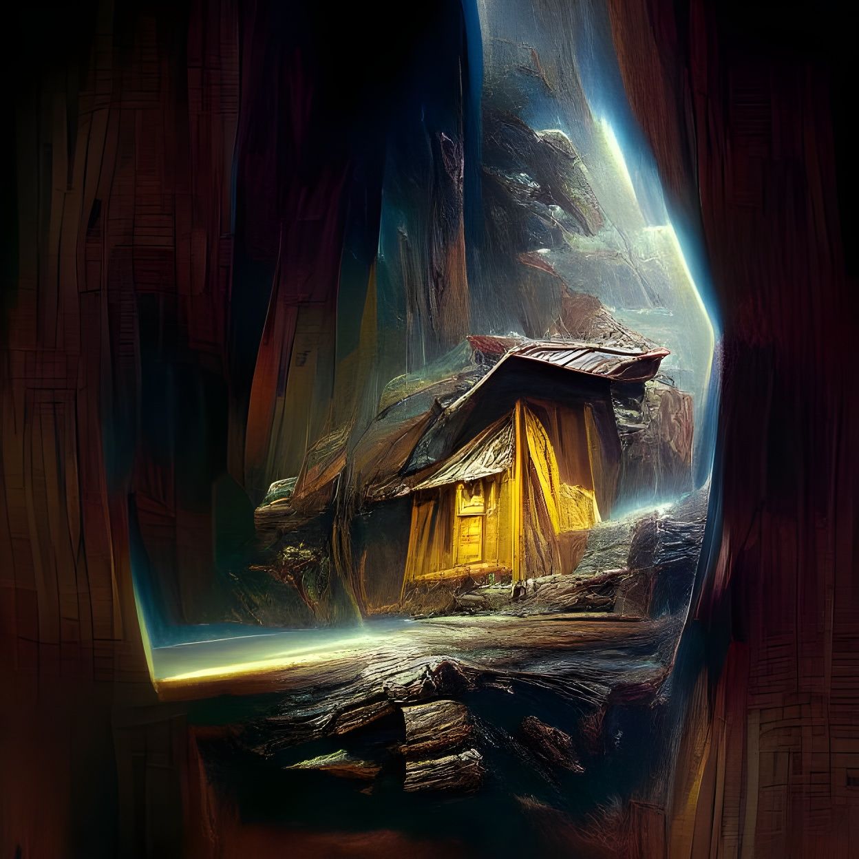 Hermit's Cabin in the Void: Realistic Colorful Art