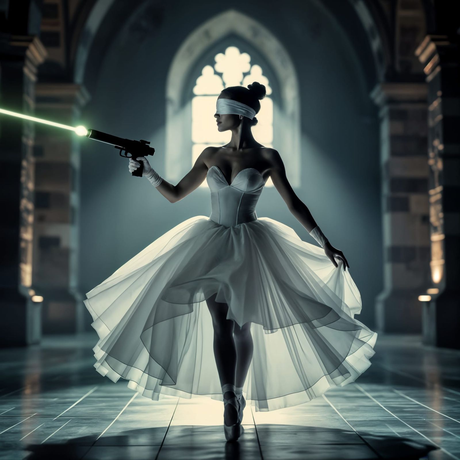Blindfolded Ballerina with Laser Gun in Castle