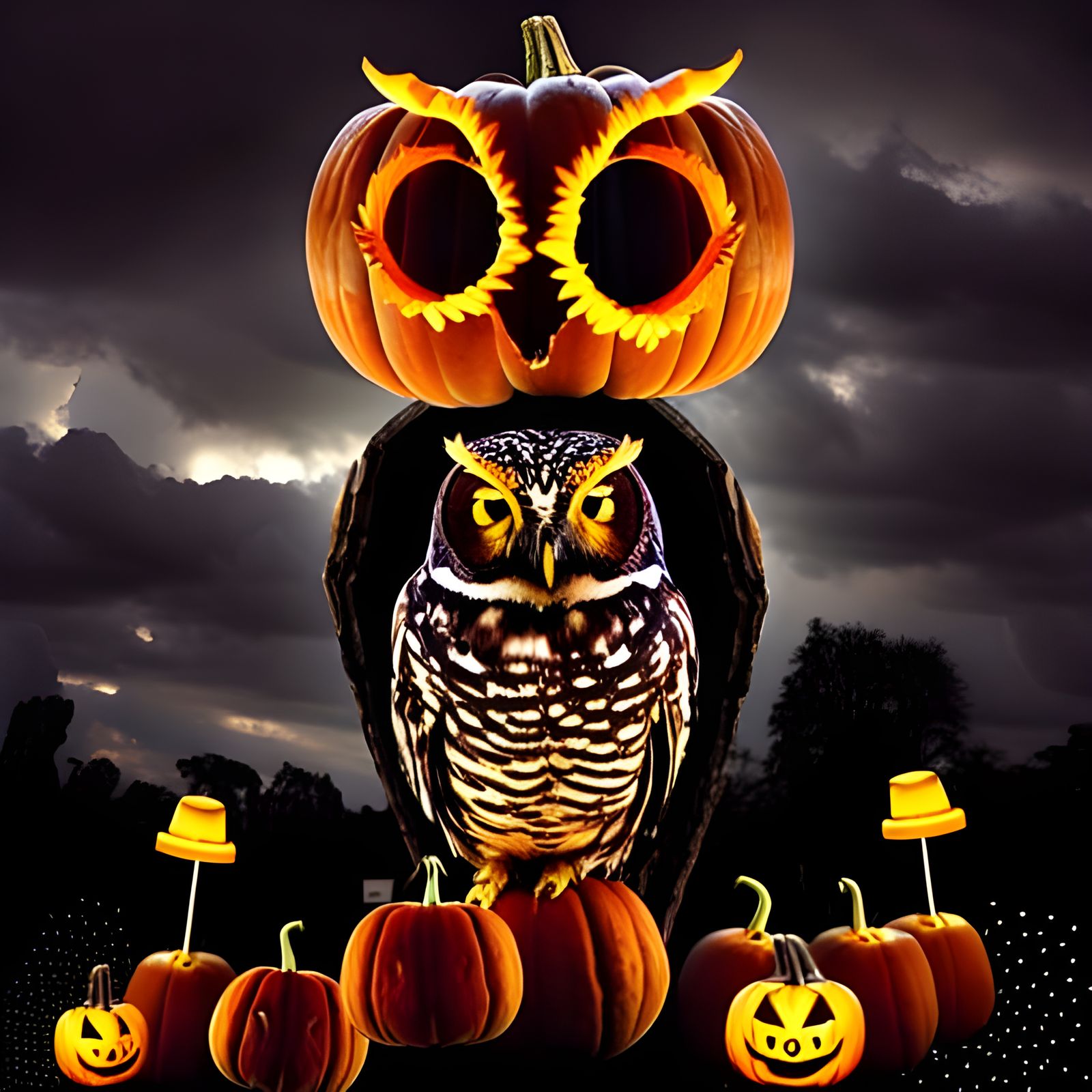 Halloween Pumpkin Owl Portrait in Lightning Storm