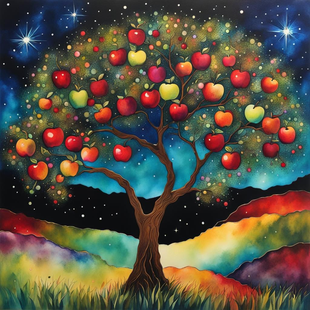 Apple Tree Under Stars in Whimsical Style