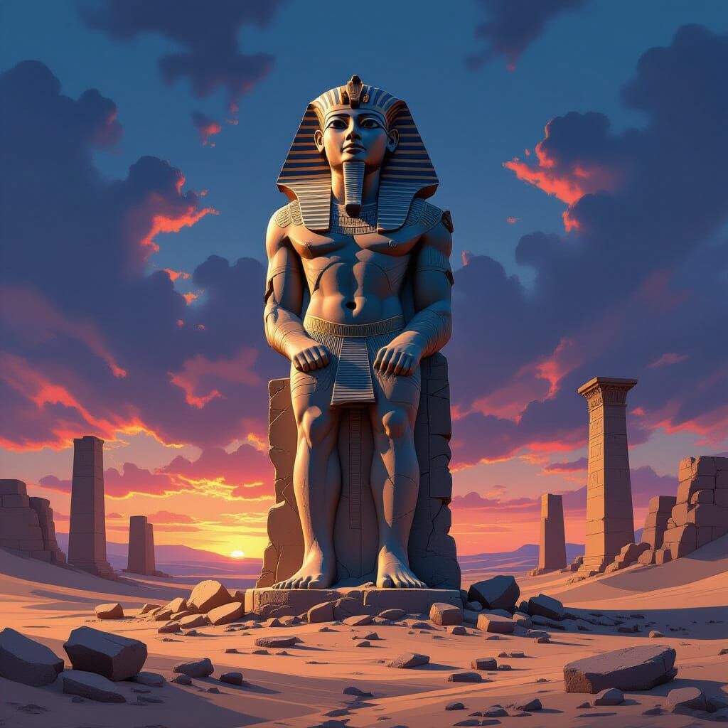 Broken Ozymandias Statue in Desert Ruins