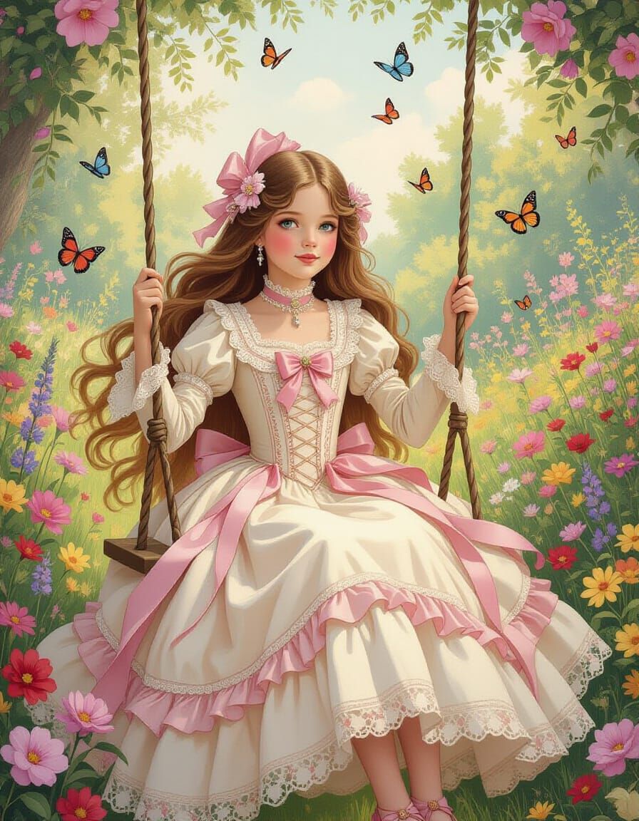 Victorian Girl in Whimsical Garden, Pin-Up Style