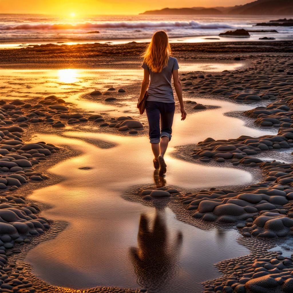 Sunset Beach Walk: Hyperrealistic Coastal Scene