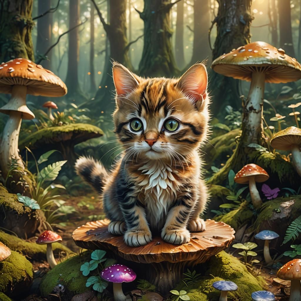 Cute Kitten in Mystical Forest, Oil Painting Style