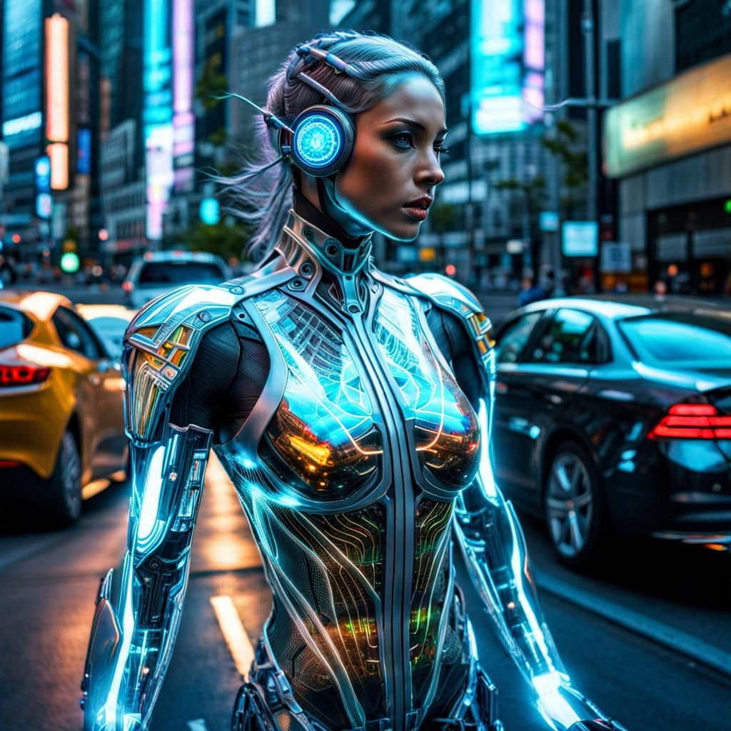 Holographic Cyborg Angel in Urban Traffic