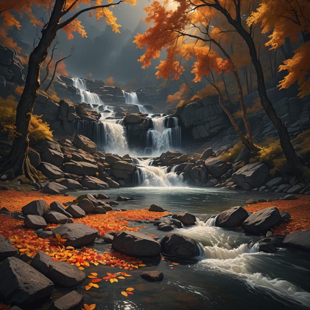 Dramatic Autumn River Landscape at Night