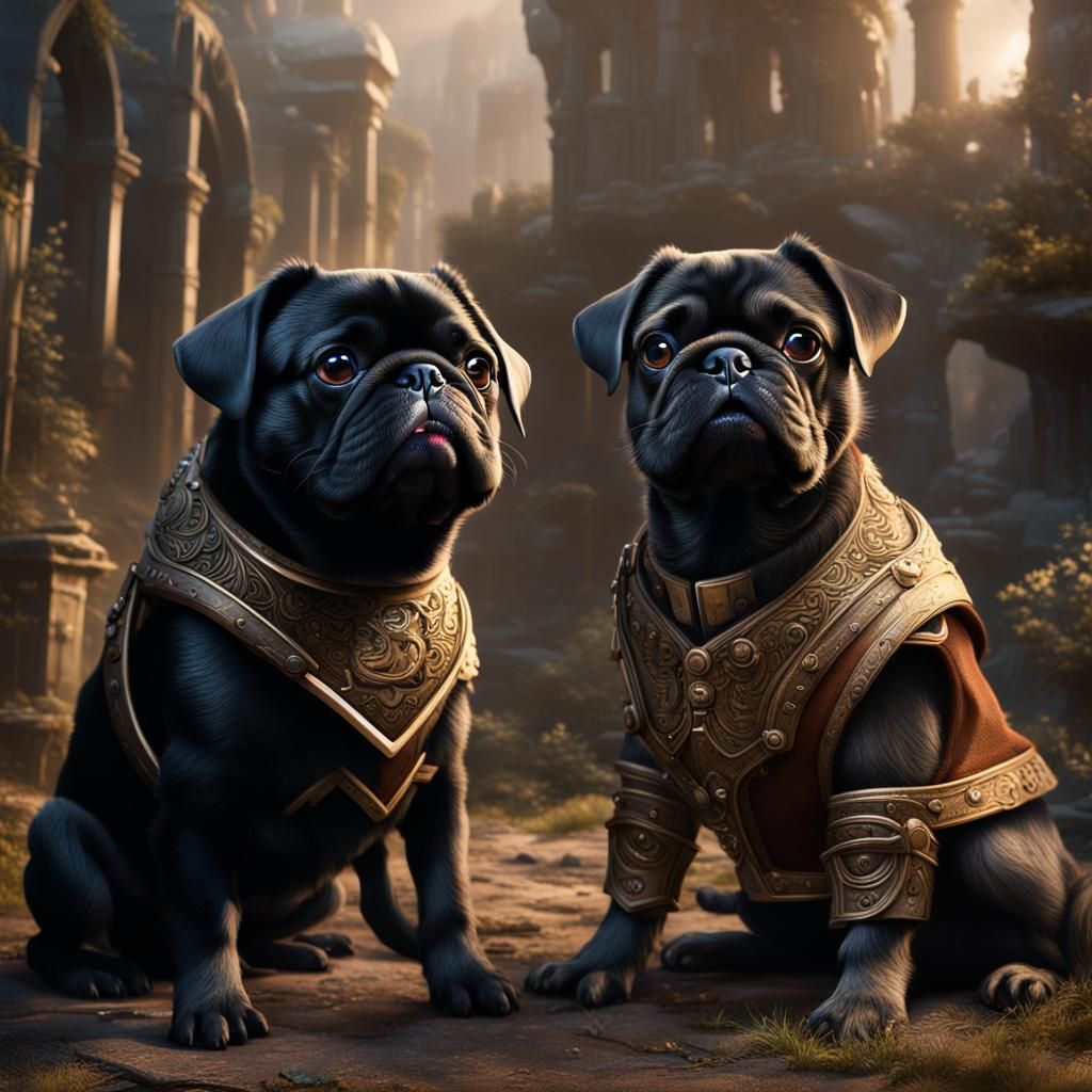 Detailed Matte Painting of Pug and Schnauzer
