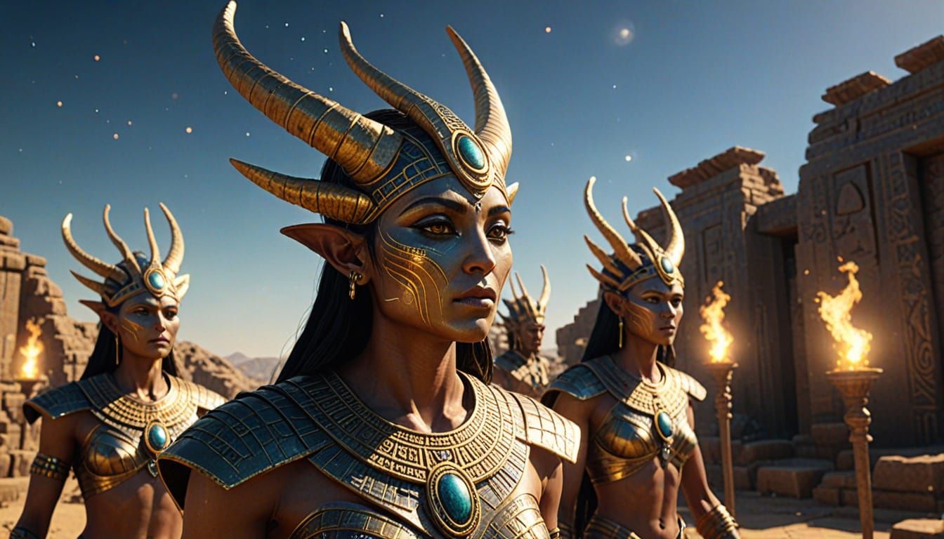 Anunnaki Aliens with Horned Caps and Glowing Auras