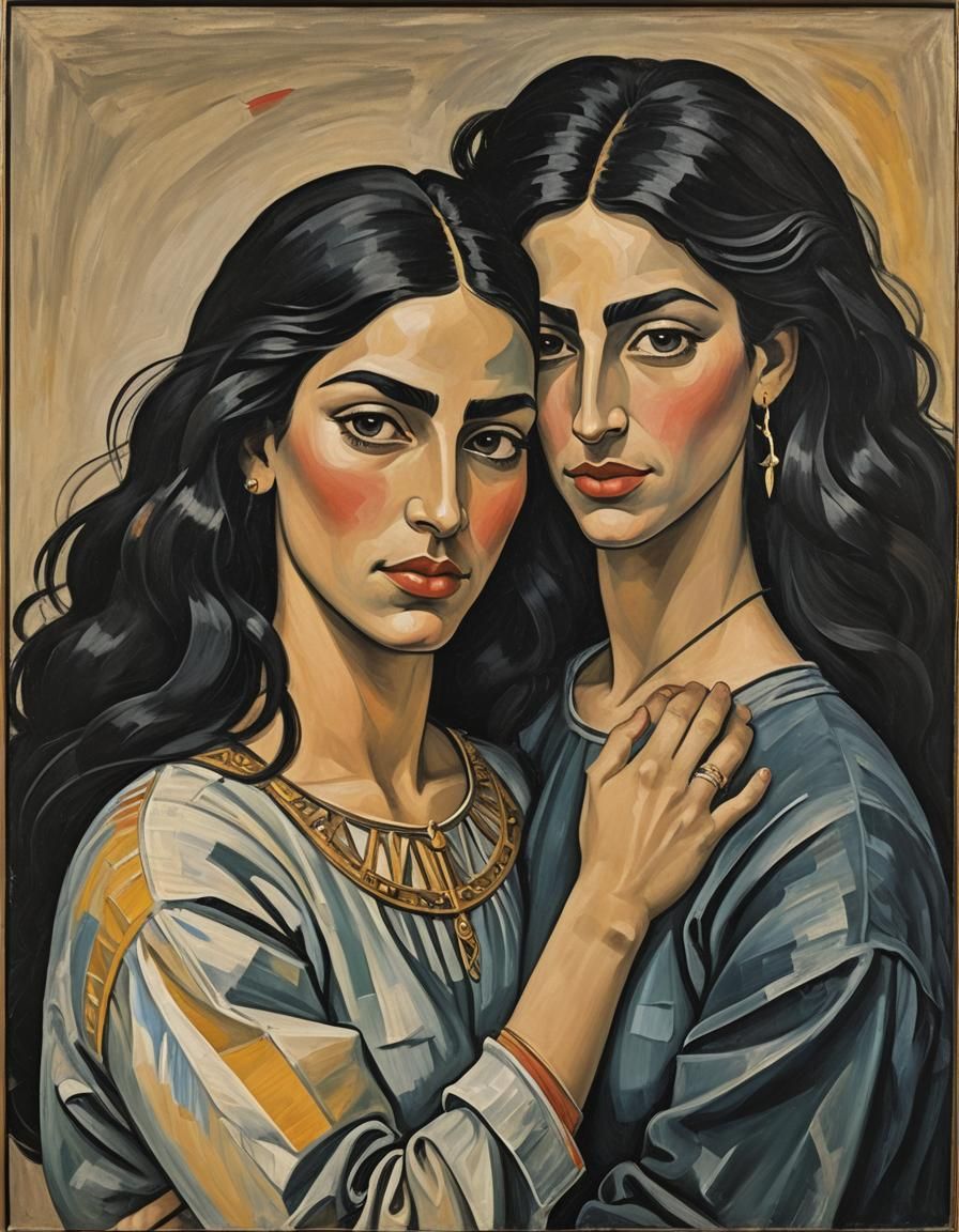 Lesbian Couple Embrace in Classic Oil Painting Style