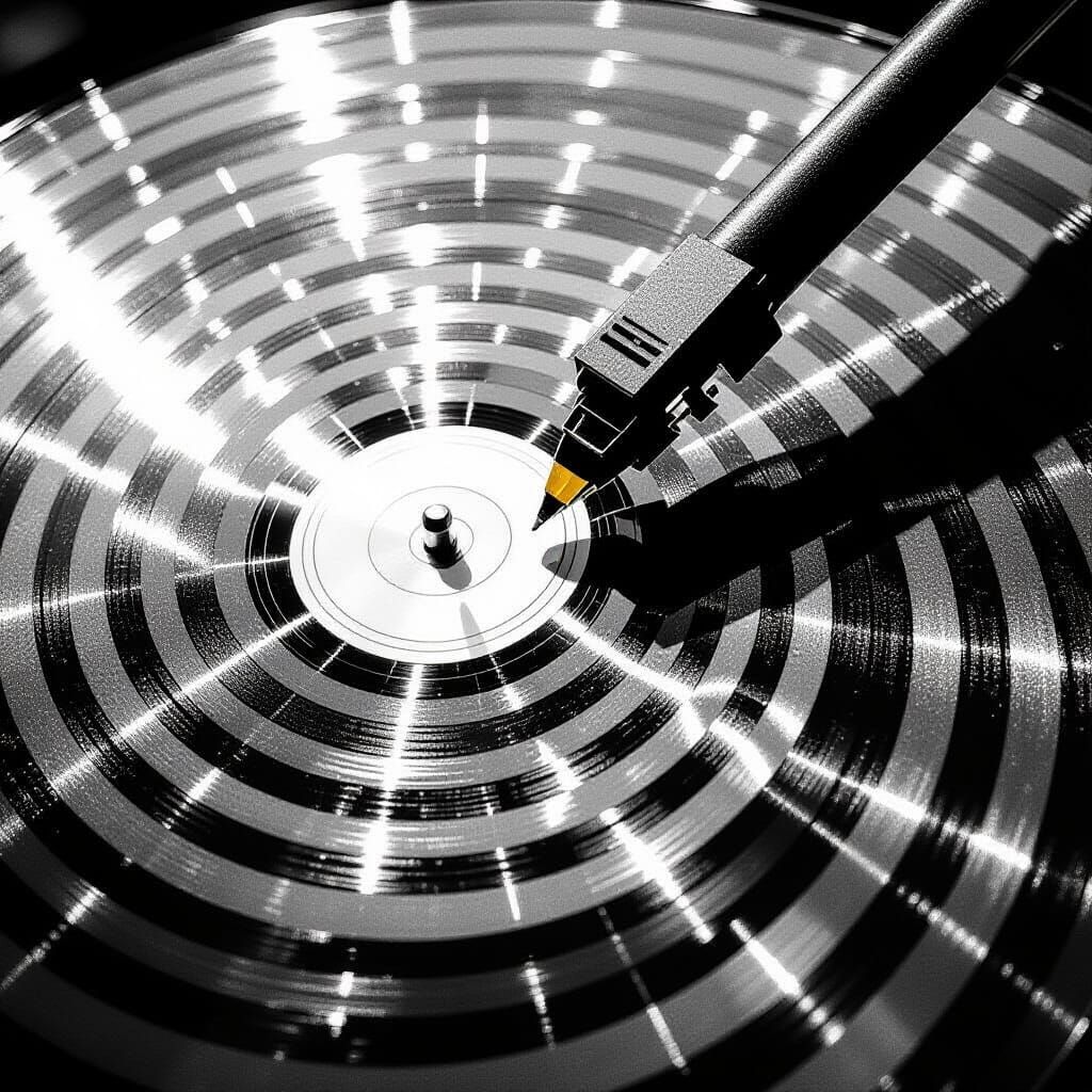 Macro View of Vinyl Record Grooves in Black and White