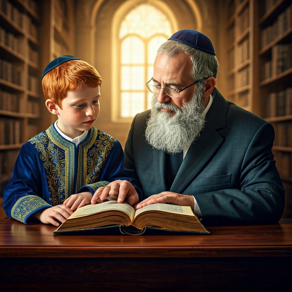 Joyful Sephardi Rabbi Study in Traditional Wooden Study Hall