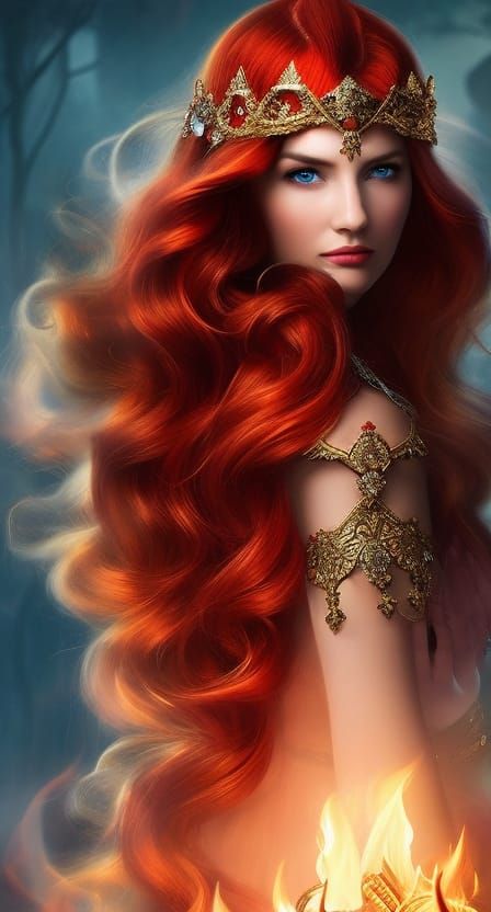 Fire Crowned Princess with Flowing Red Hair