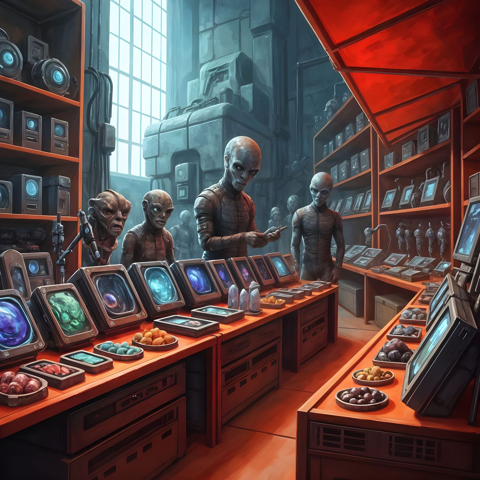 Alien Bazaar: A Gouache-Style Market Scene