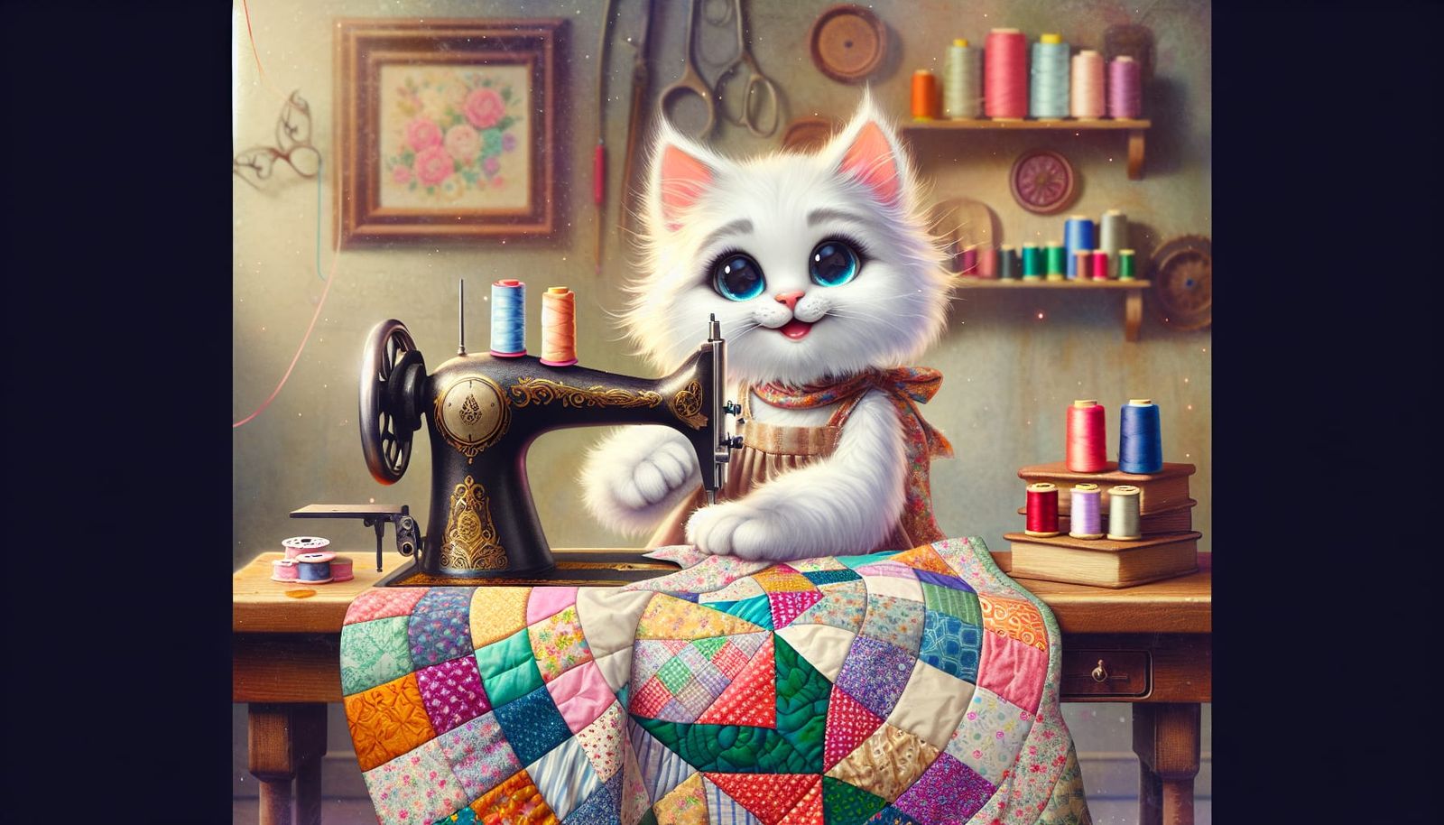 Hipster Cat at Sewing Machine with Patchwork Quilt