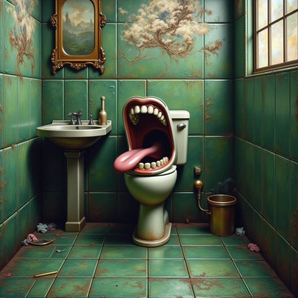 Surreal Restroom with Humanoid Toilet in Expressionist Style