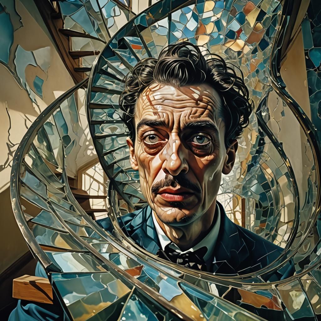 Distorted Man on Staircase in Surrealist Style