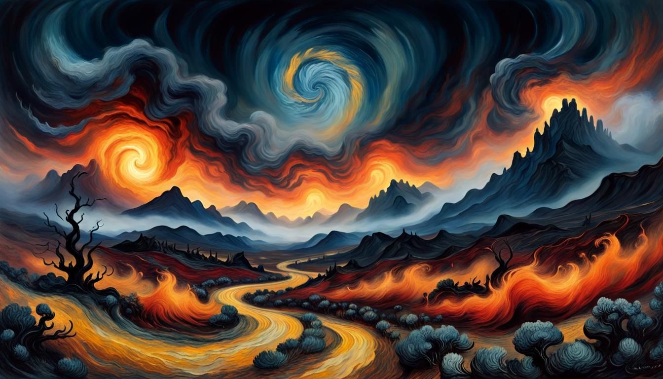 Fiery Vortex in Mystical Landscape, Post-Impressionist Style