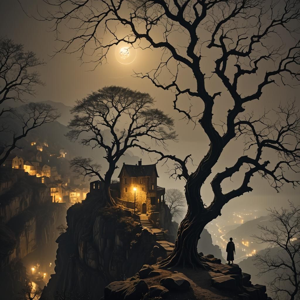 Misty Cliffside Town at Night in Cinematic Style