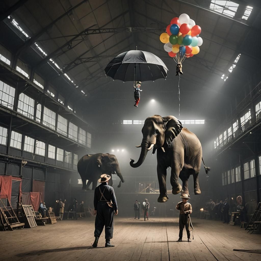 Circus Performers Prepare Show in Broken Hangar