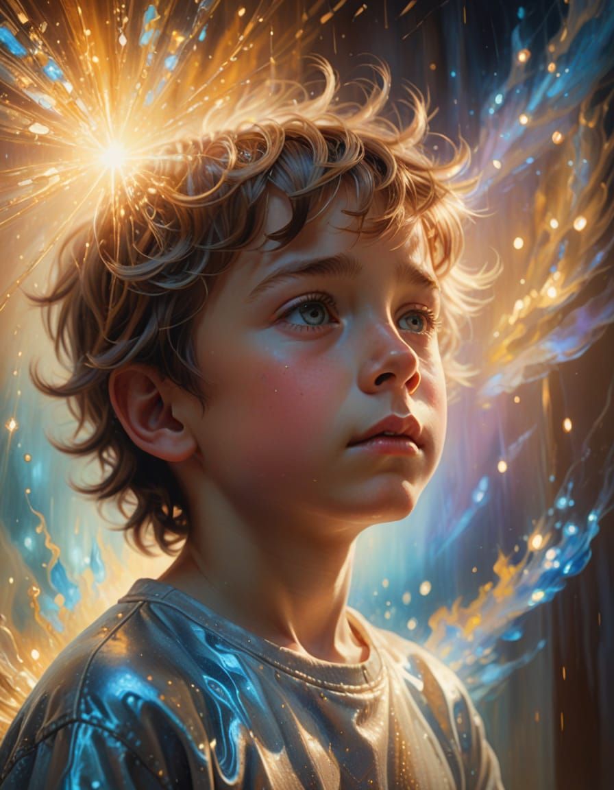 Little Boy Contemplates Heavenly Light in Dreamlike Surreali...
