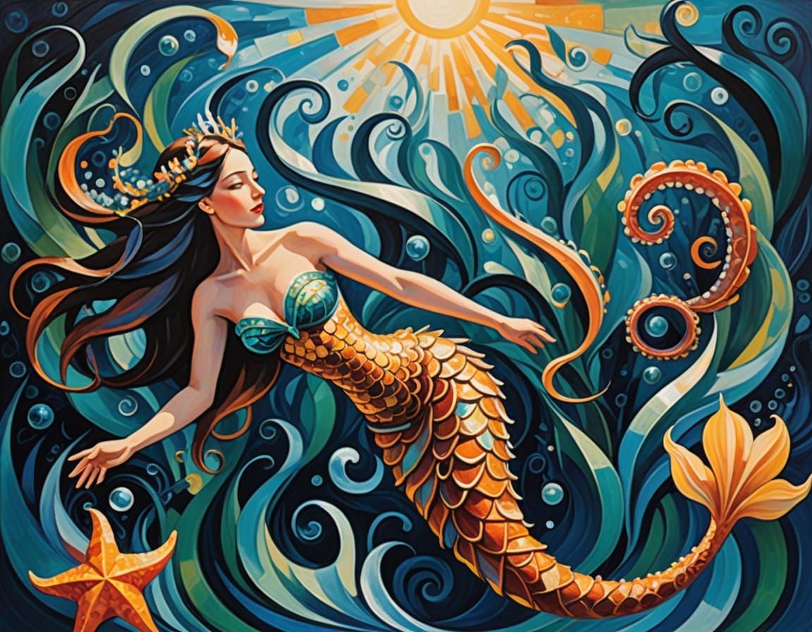 Surreal Oceanic Tango Dance with Mermaid and Octopus