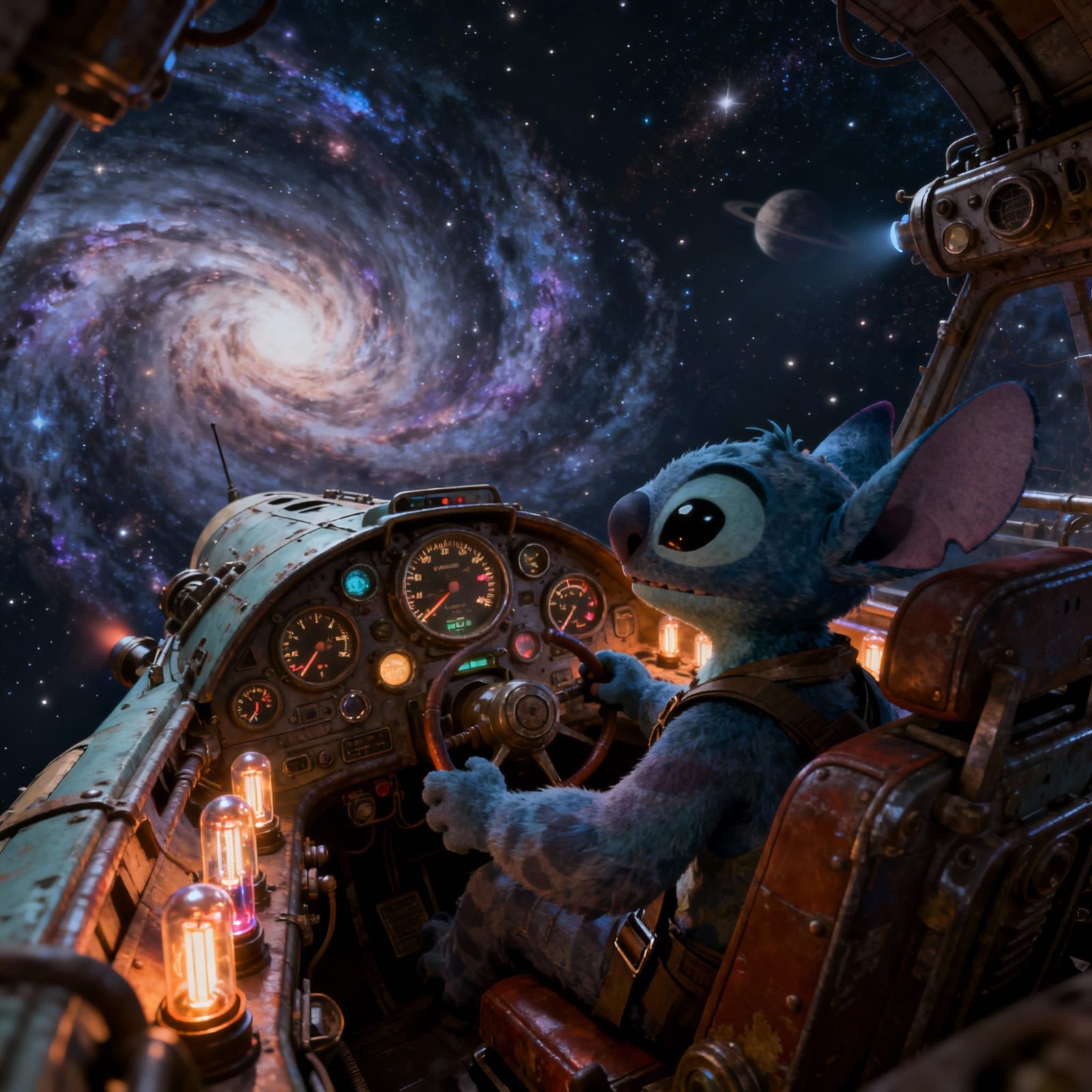Stitch, rendered in a detailed 3D game cinematic style, pilo...