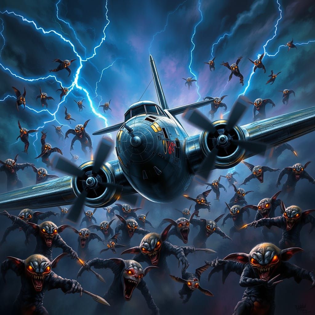 B-17 Beset by Mythical Gremlins in Turbulent Stormy Skies