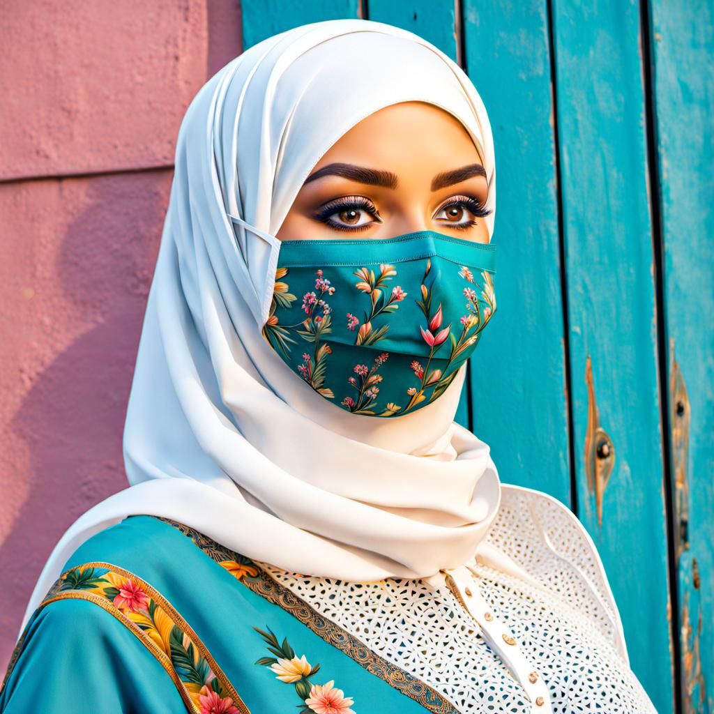 European Woman in Hijab and Facemask: Oil Painting
