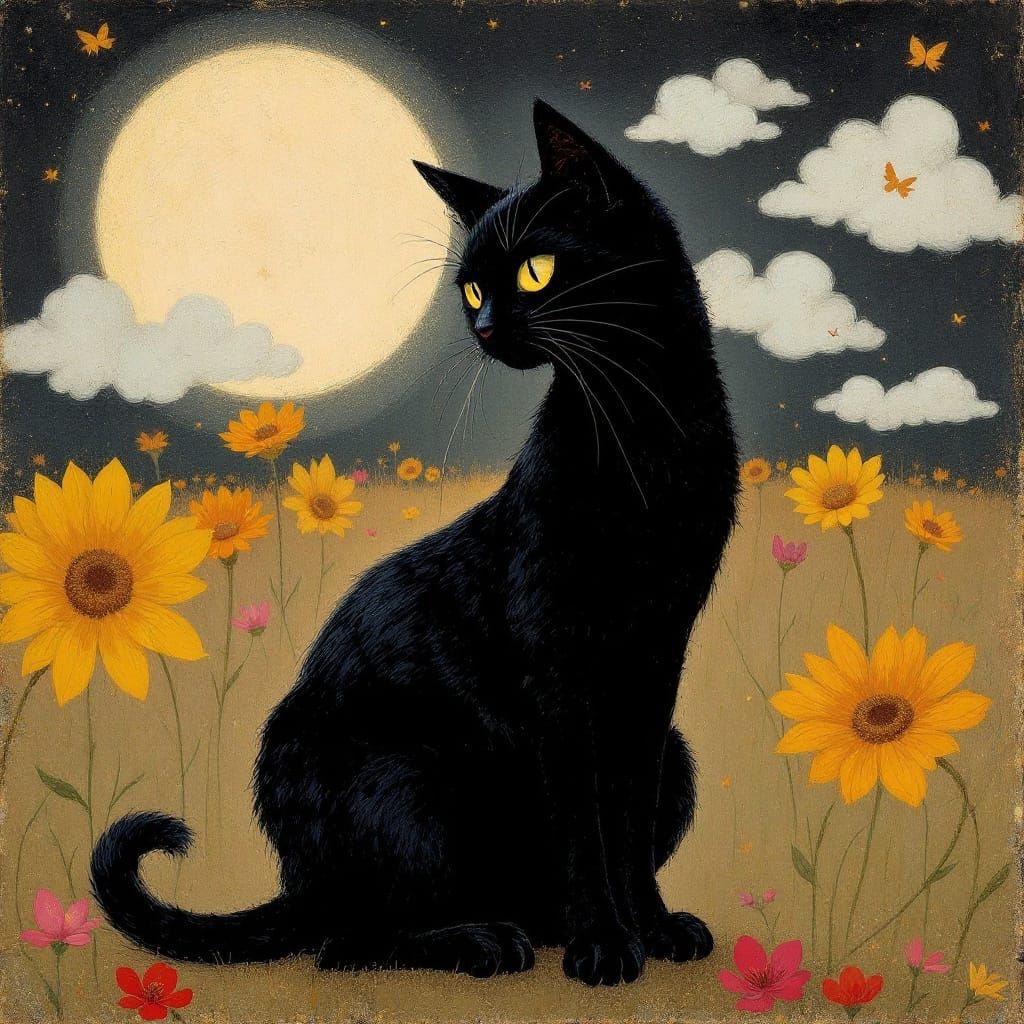 Whimsical Black Feline Portrait in Dreamlike Setting