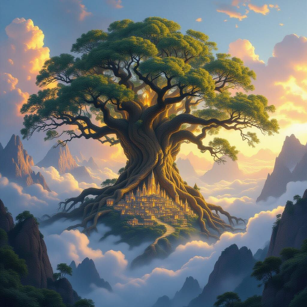 Ancient Tree City Amidst Mountain Peaks