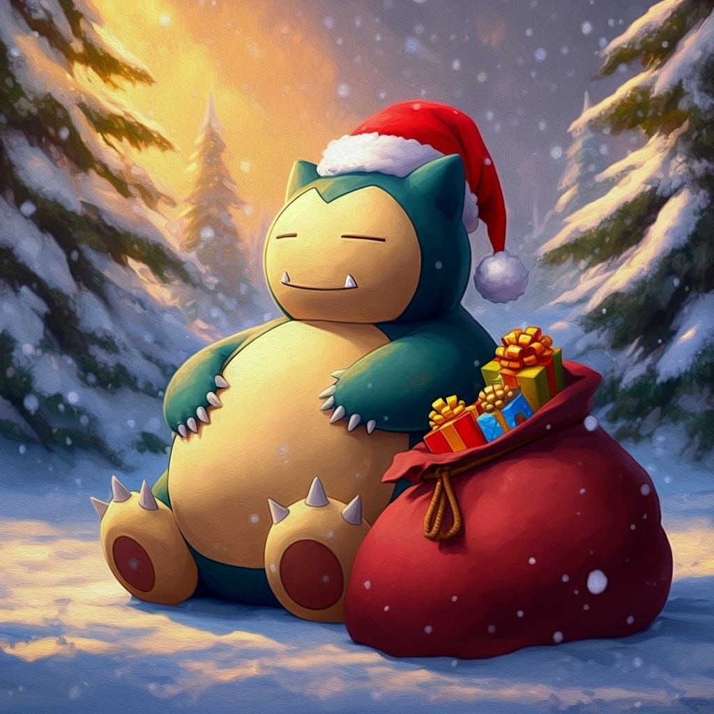 Surreal Winter Wonderland of Snorlax Claus in Impressionist...