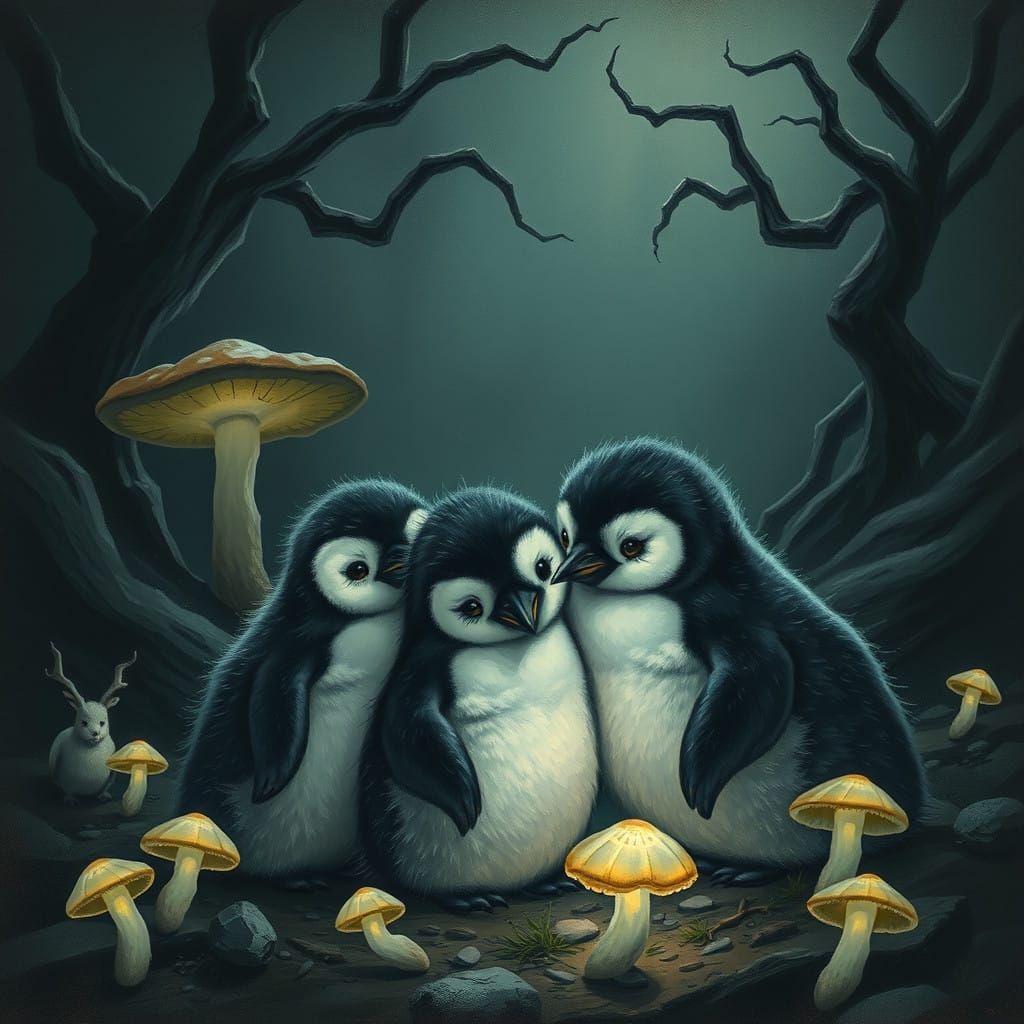 Fluffy Baby Penguins in a Haunting, Dark World
