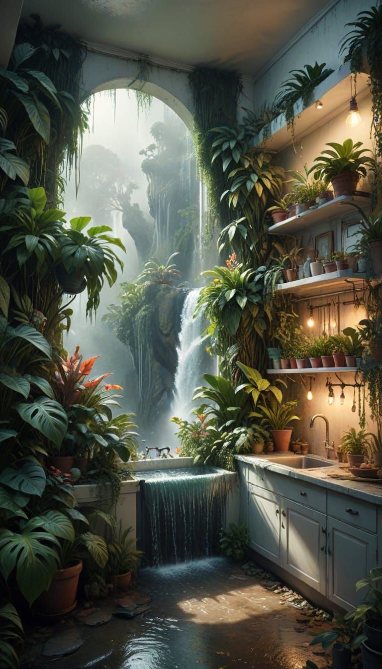 Watercolor Waterfall Flows From Sink to Houseplant Garden