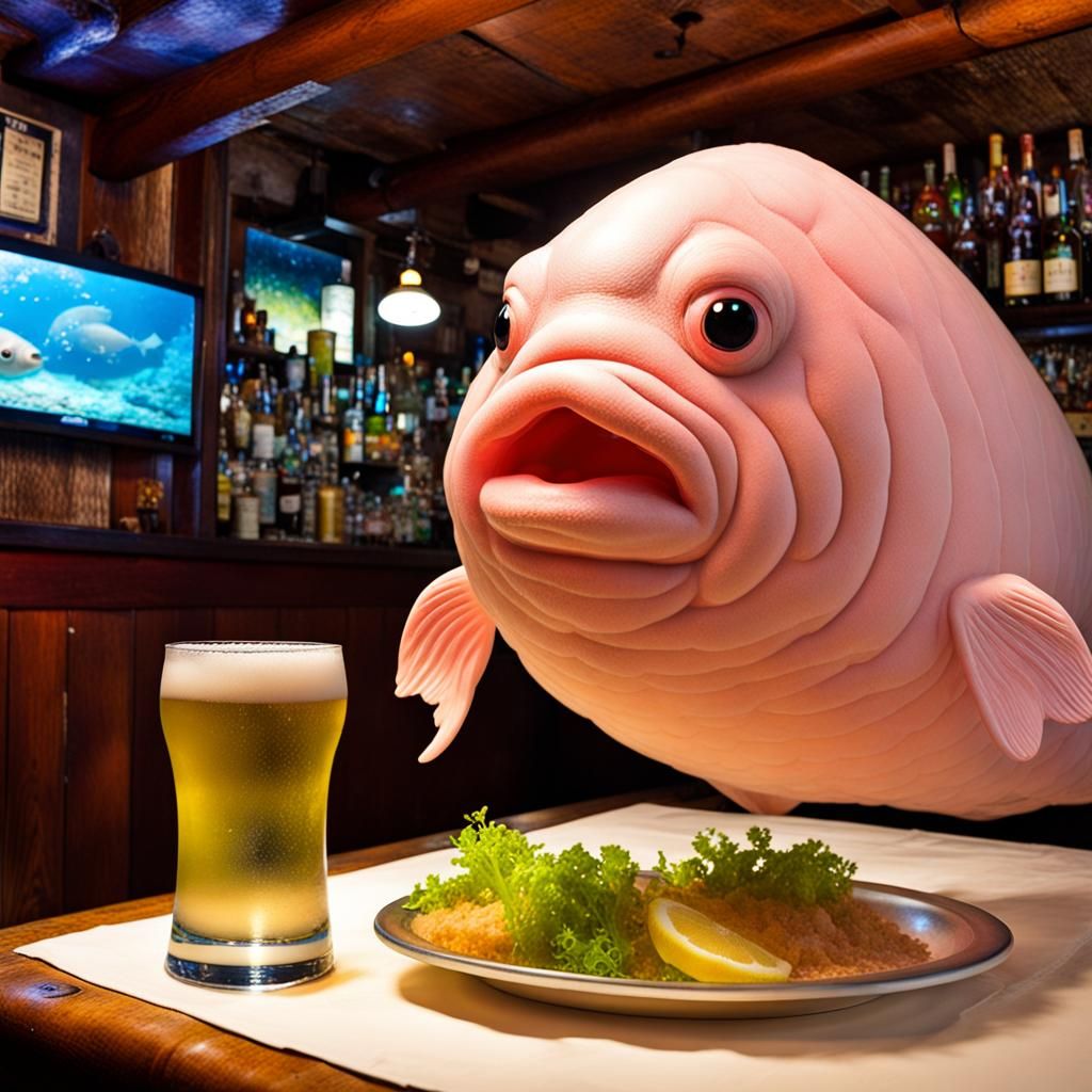 Blobfish Enjoys a Drink at Underwater Pub