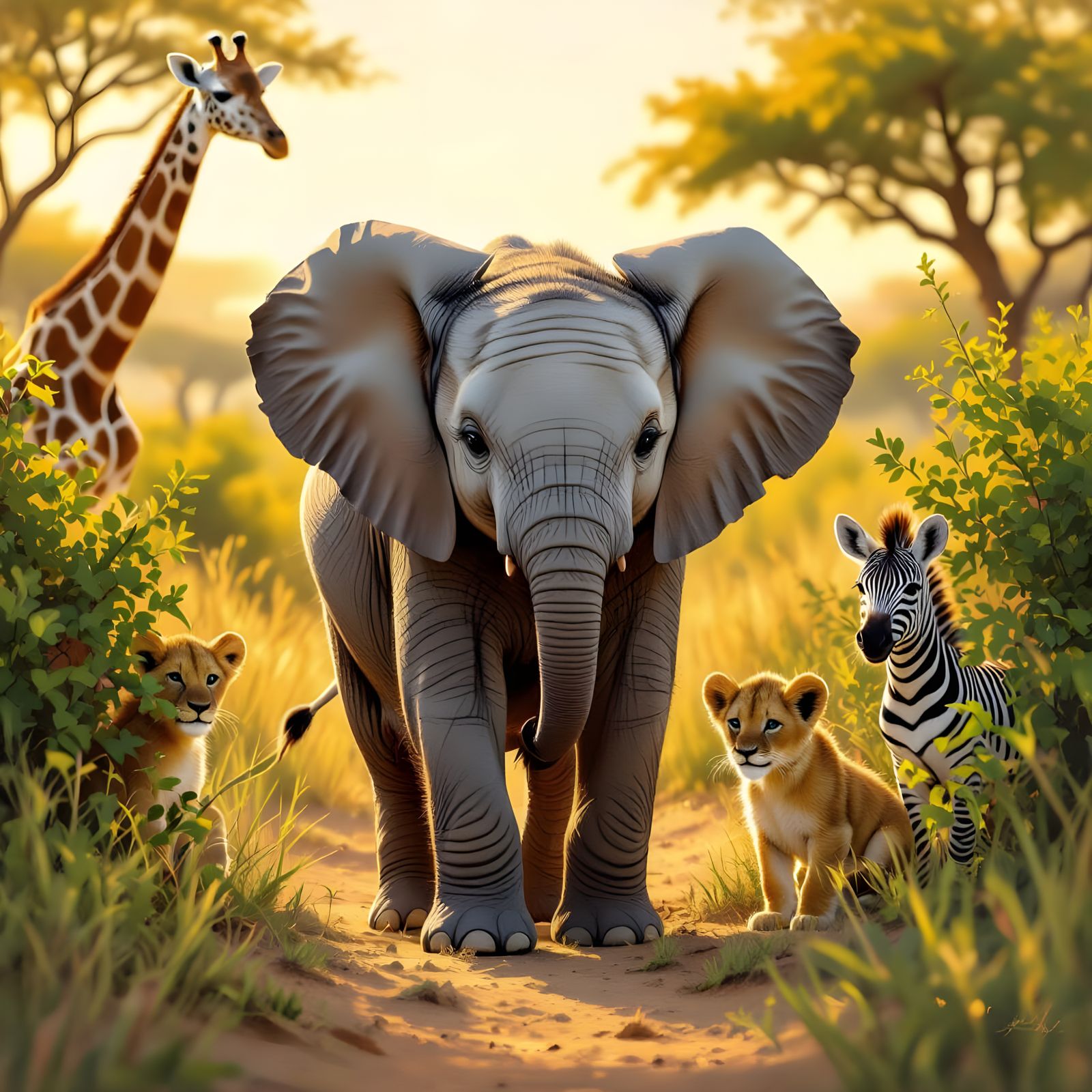 Cheerful Baby Elephant in Sunlit Savannah with Wildlife