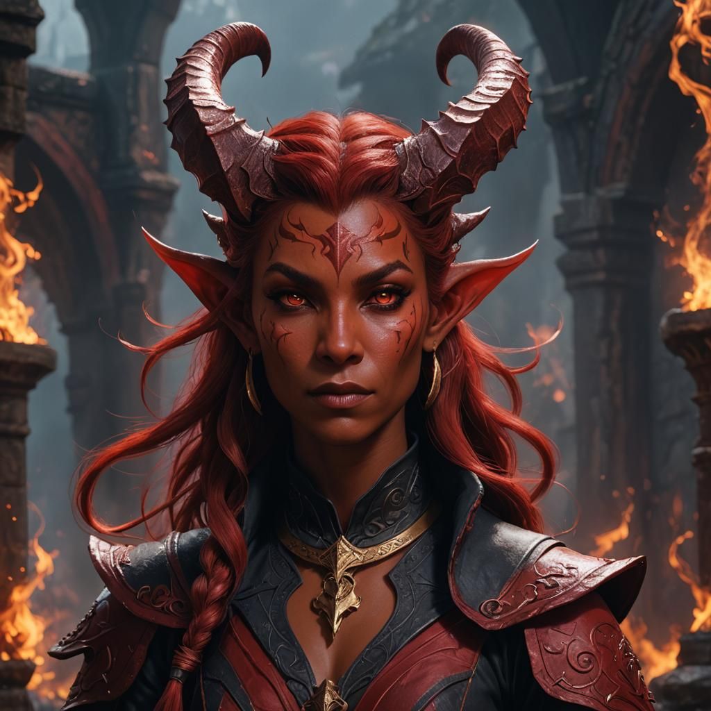 Red Tiefling Wizard Portrait in Detailed Matte Painting Styl...