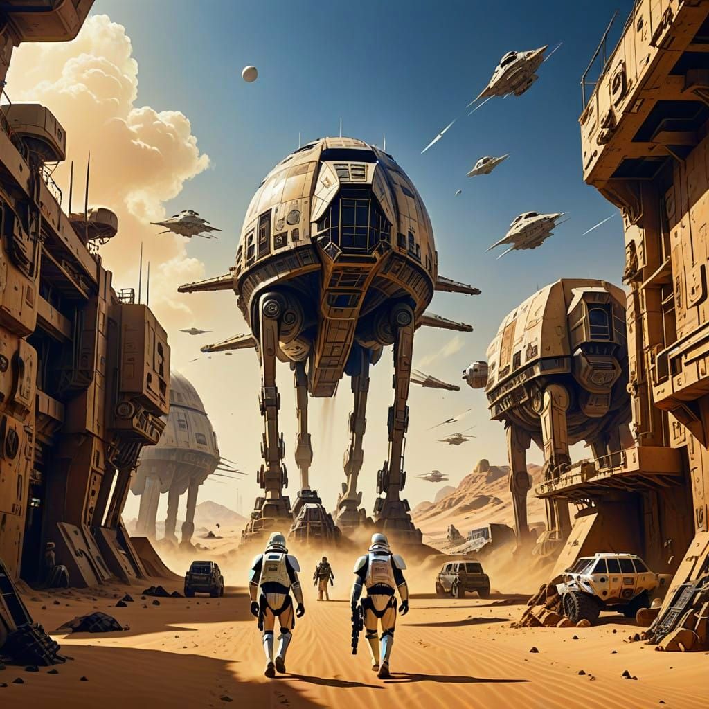 Cyberpunk Star Wars Spaceship Takes Off from Mos Eisley
