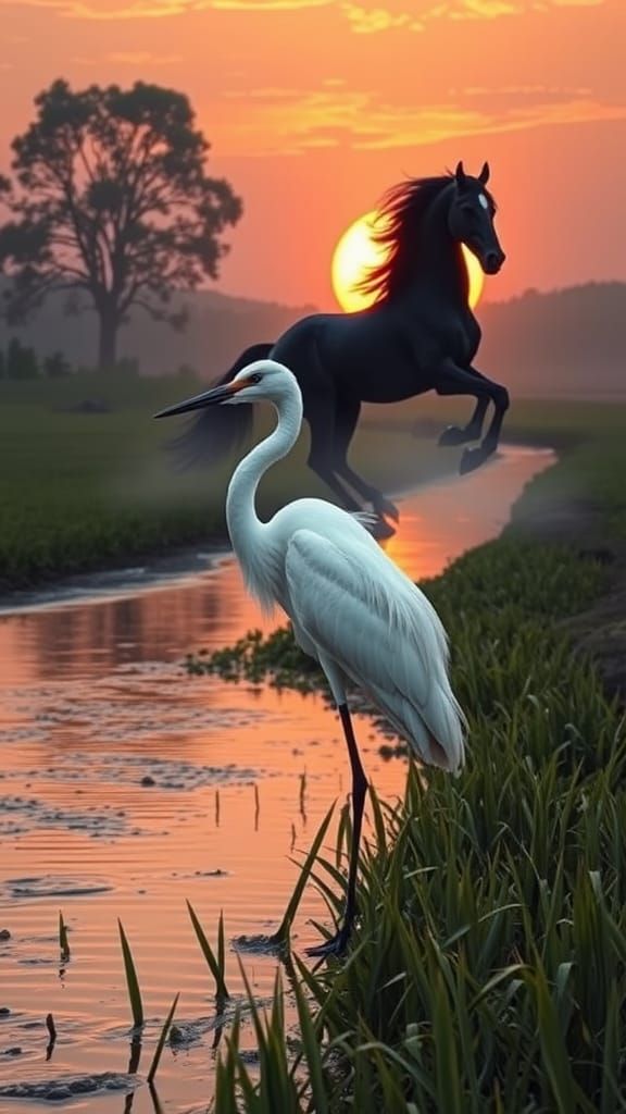 Egyptian spring time crane and horse