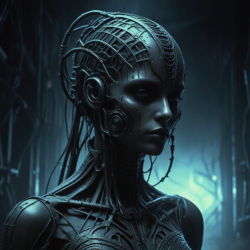 Ethereal Biomechanical Goddess in Dark Industrial Noir