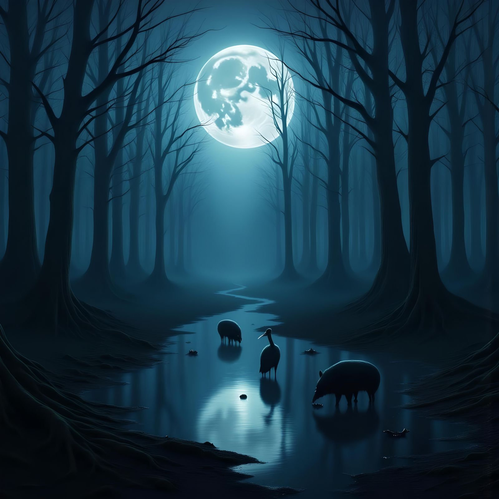 Creepy Moonlit Forest Scene at Night