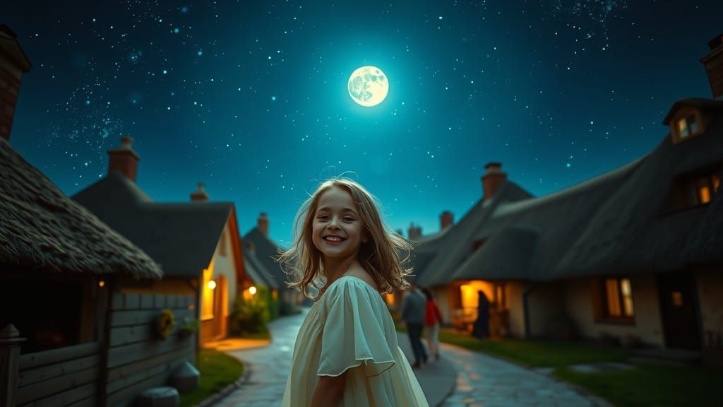 Girl Stands in Village Under Starry Night Sky
