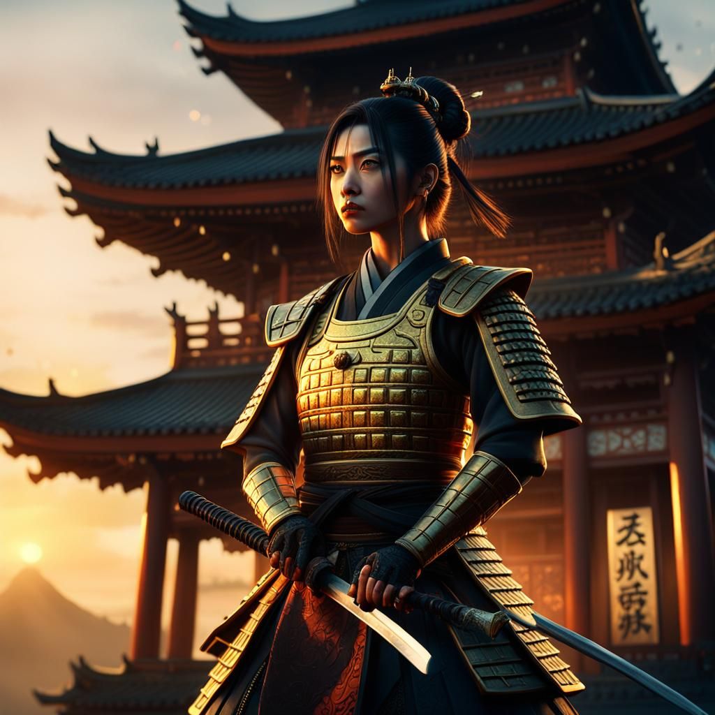 Female Samurai Warrior at Sunset Pagoda: Cinematic Digital A...