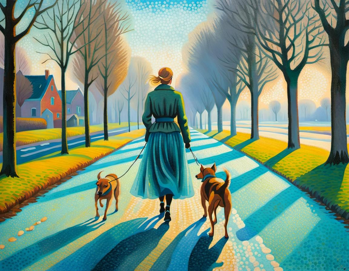 Pointillist Dutch Landscape with Woman and Dogs