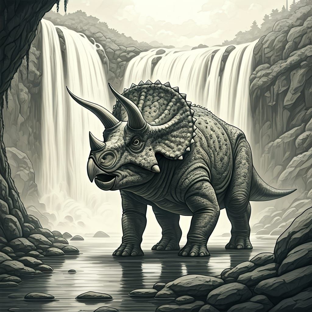 Triceratops by Waterfall in Graphite Pencil Sketch