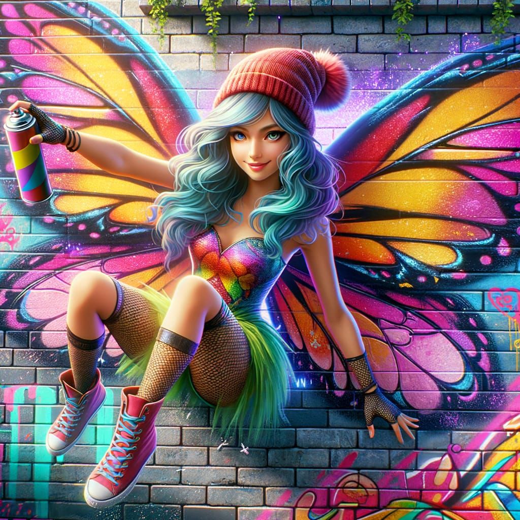 Graffiti Fairy Tags a Wall in Urban Alleyway