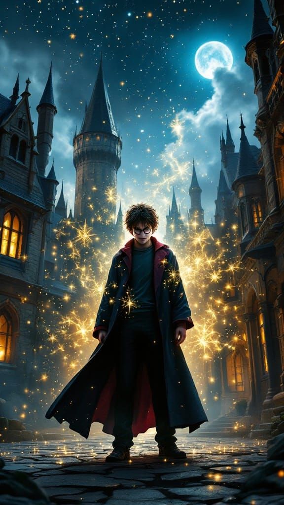 Harry Potter in Whimsical Starlit Hogwarts Scene