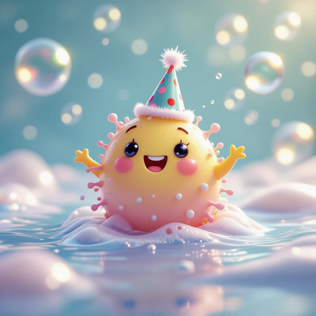 Cheerful Microbe Enjoys Bubble Bath in 3D Render