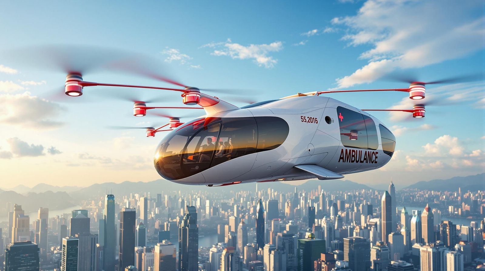 Futuristic Aerodynamic Flying Ambulance in Hong Kong Citysca...