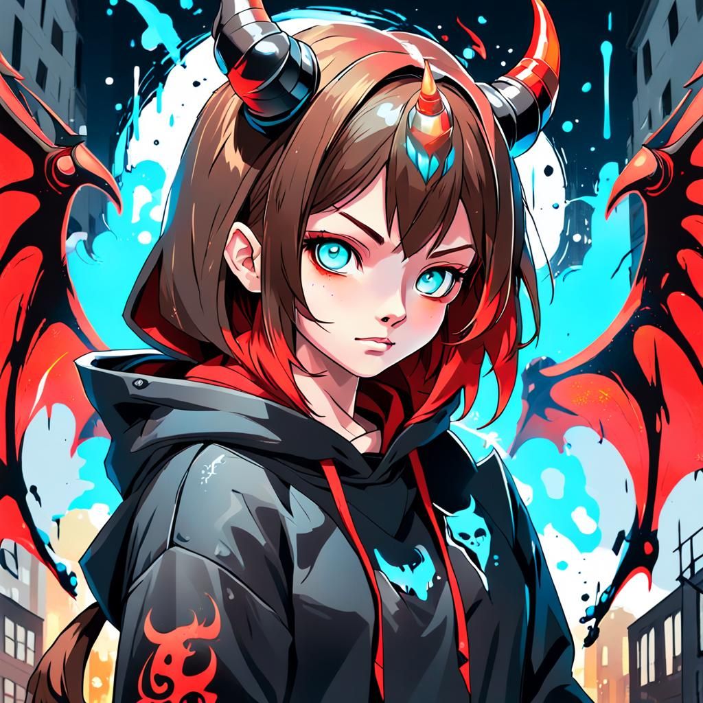 Anime Female Devil in Graffiti Street Art Style