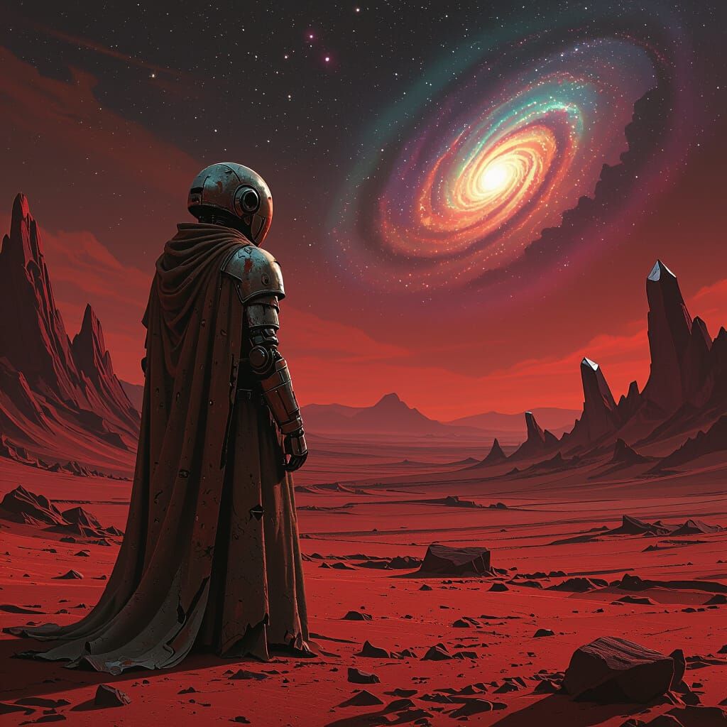 Rusted Automaton Gazes at Nebula on Alien Planet